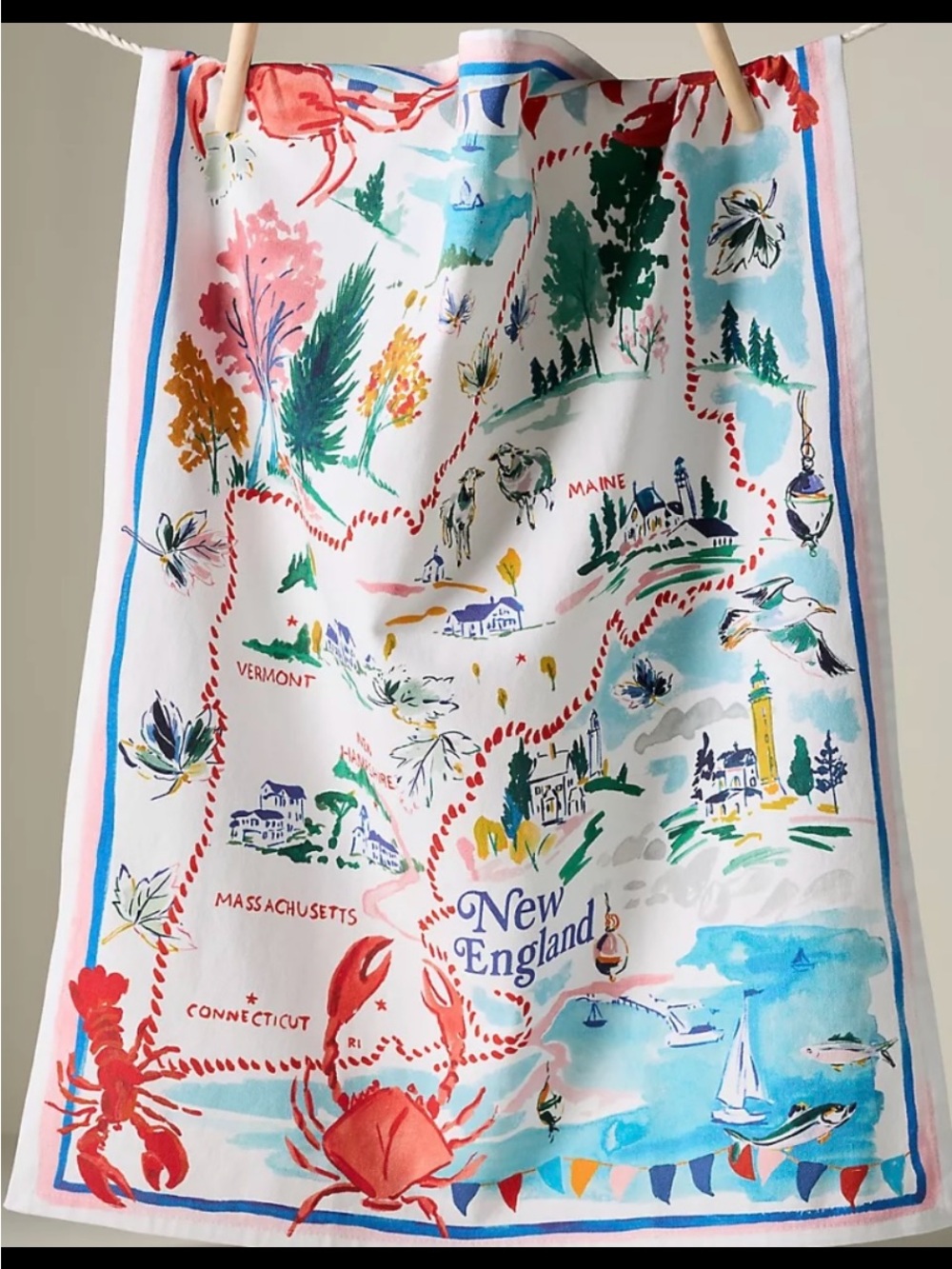 Anthropologie New England Illustrated kitchen Towel - Colorful Coastal Map